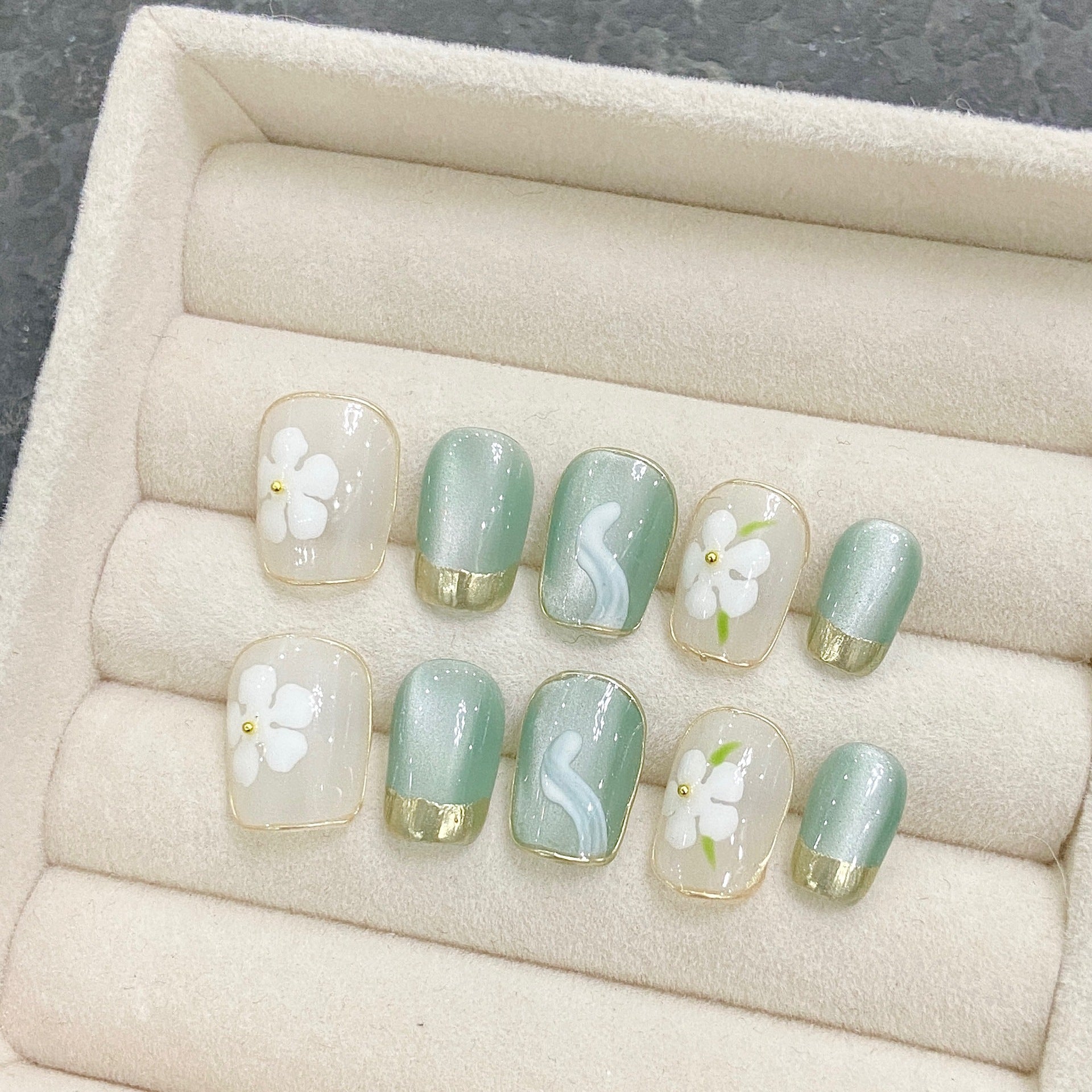 纯手工穿戴甲长岛冰茶纯手绘青色夏季款墨镜粉光疗甲高级感美甲贴
