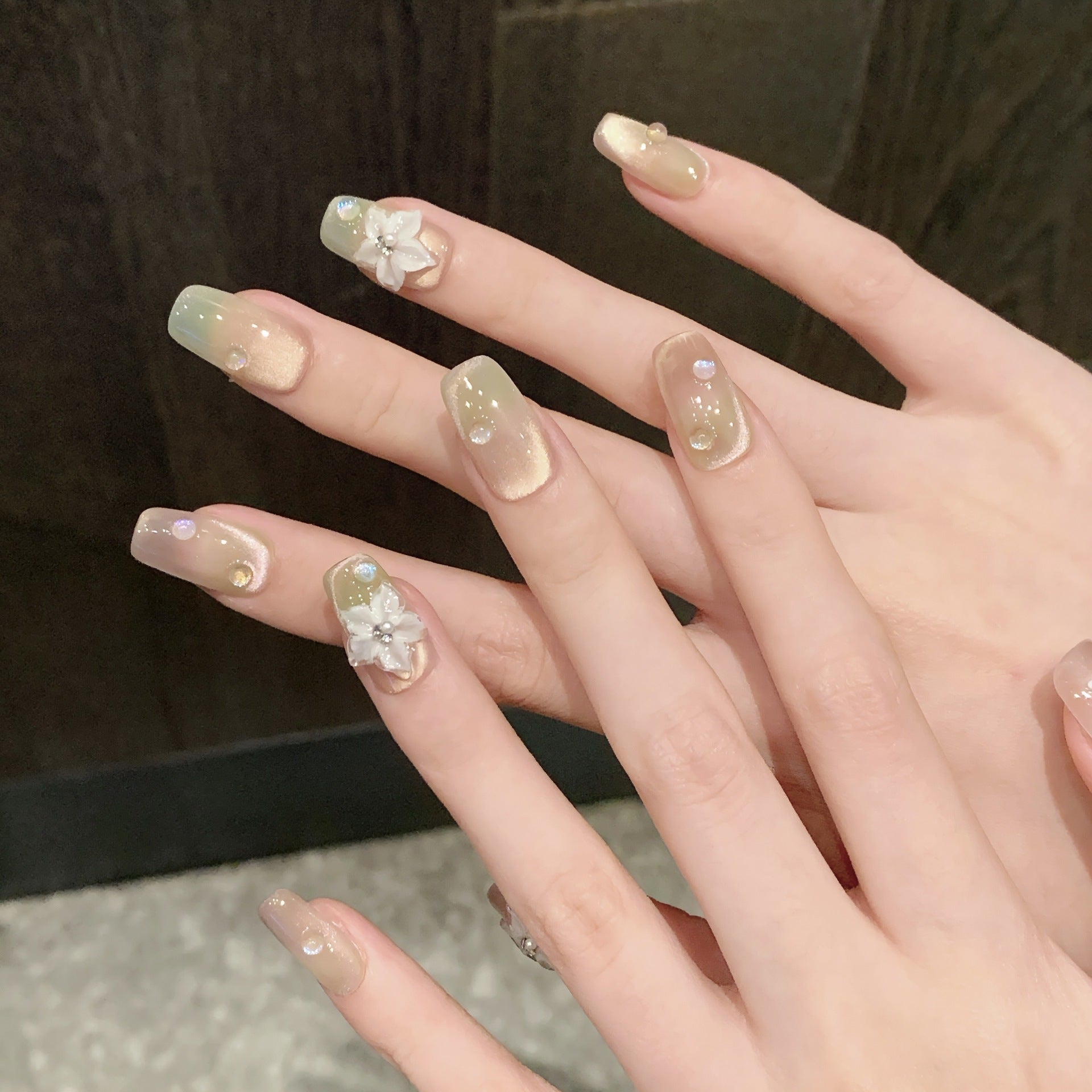 艺禾原创【蜜桃青柠】春夏晕染渐变猫眼清透显白美甲纯手工穿戴甲