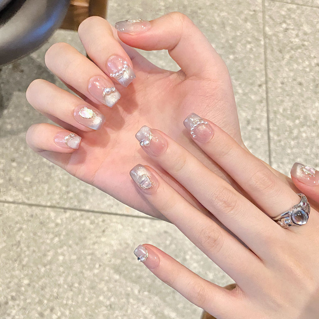 珍珠涟漪纯手工穿戴甲冰透渐变海洋之瞳猫眼轻奢纯欲显白美甲贴片