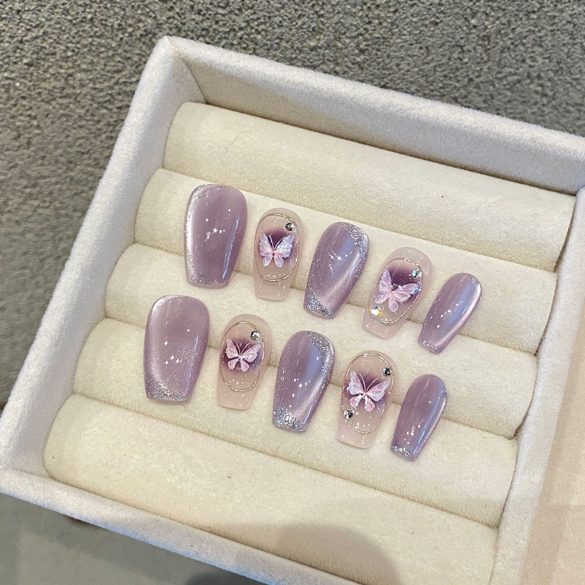 艺禾美妆 紫色鎏金猫眼蝴蝶手工穿戴甲 网红爆款美甲成品指甲贴片